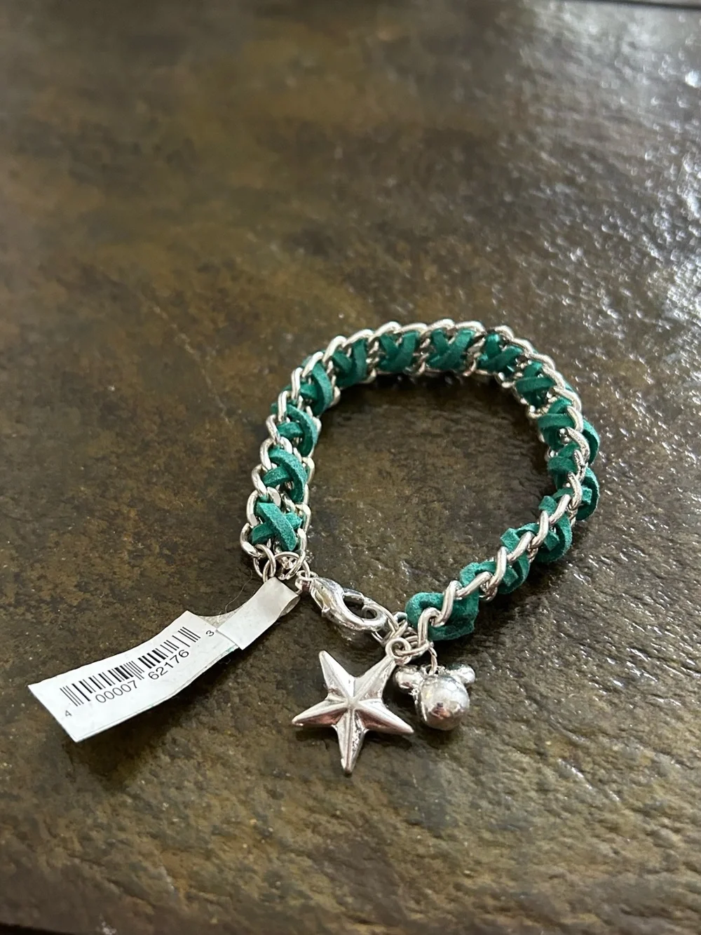 Disney Green and Silver Star Charm Braided Bracelet
